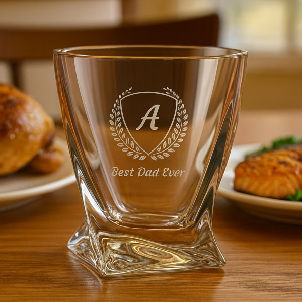 Personalized Engraved Whiskey Glass with Twisted Crystal Base – Custom Name and Initial Etched Scotch Bourbon Glass – Premium Gift for Men, Dad, Husband, Groomsmen, or Whiskey Lovers
