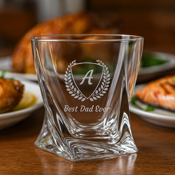 Personalized Engraved Whiskey Glass with Twisted Crystal Base – Custom Name and Initial Etched Scotch Bourbon Glass – Premium Gift for Men, Dad, Husband, Groomsmen, or Whiskey Lovers