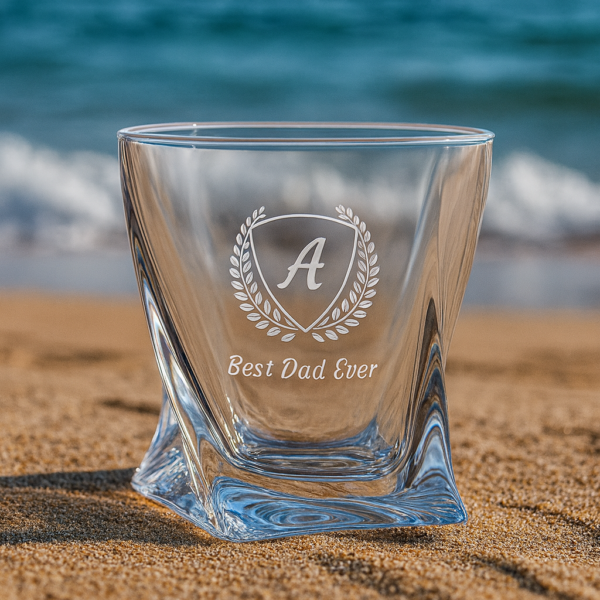 Personalized Engraved Whiskey Glass with Twisted Crystal Base – Custom Name and Initial Etched Scotch Bourbon Glass – Premium Gift for Men, Dad, Husband, Groomsmen, or Whiskey Lovers