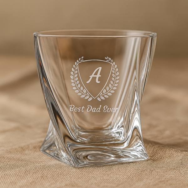 Personalized Engraved Whiskey Glass with Twisted Crystal Base – Custom Name and Initial Etched Scotch Bourbon Glass – Premium Gift for Men, Dad, Husband, Groomsmen, or Whiskey Lovers