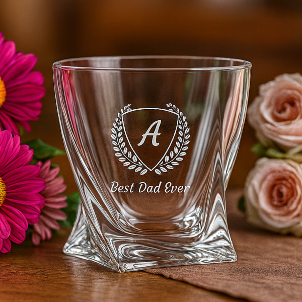 Personalized Engraved Whiskey Glass with Twisted Crystal Base – Custom Name and Initial Etched Scotch Bourbon Glass – Premium Gift for Men, Dad, Husband, Groomsmen, or Whiskey Lovers