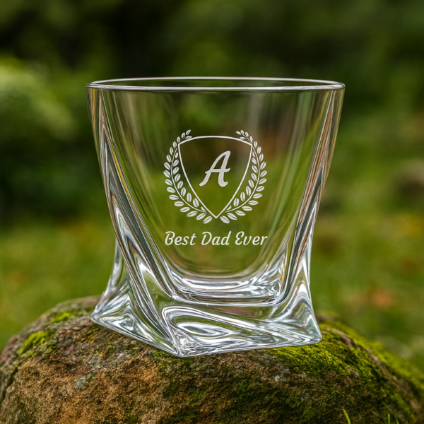 Personalized Engraved Whiskey Glass with Twisted Crystal Base – Custom Name and Initial Etched Scotch Bourbon Glass – Premium Gift for Men, Dad, Husband, Groomsmen, or Whiskey Lovers