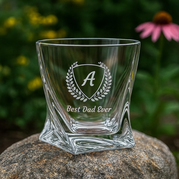 Personalized Engraved Whiskey Glass with Twisted Crystal Base – Custom Name and Initial Etched Scotch Bourbon Glass – Premium Gift for Men, Dad, Husband, Groomsmen, or Whiskey Lovers