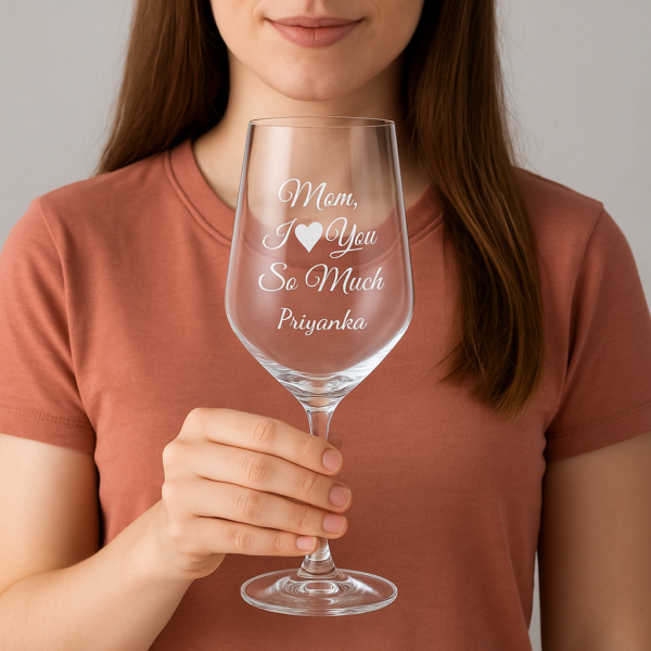 Crystal clear personalized wine glass engraved with “Mom I love you so much” and name, Mother’s Day gift