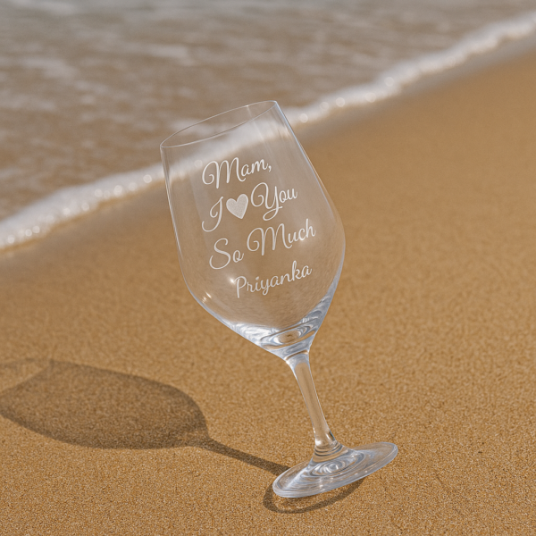 Crystal clear personalized wine glass engraved with “Mom I love you so much” and name, Mother’s Day gift