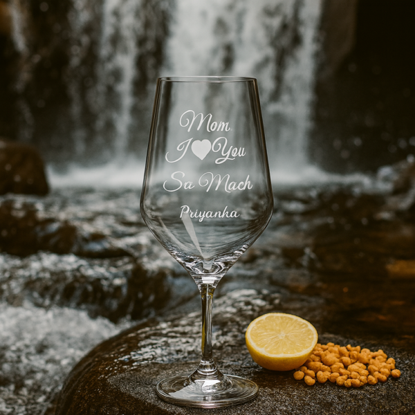 Crystal clear personalized wine glass engraved with “Mom I love you so much” and name, Mother’s Day gift