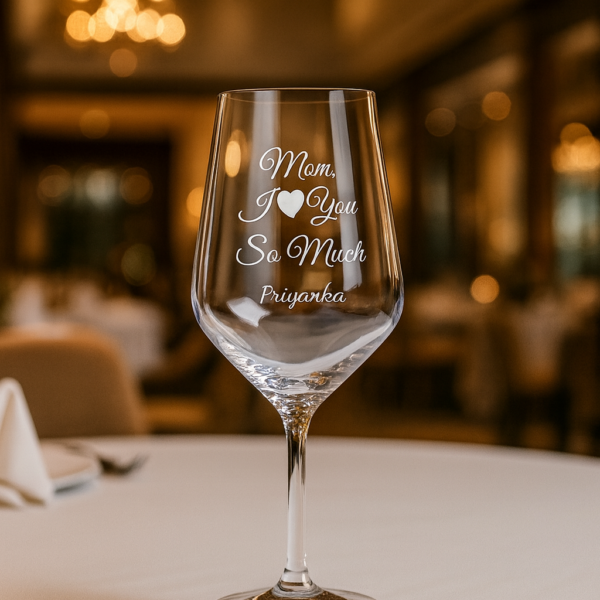 Crystal clear personalized wine glass engraved with “Mom I love you so much” and name, Mother’s Day gift