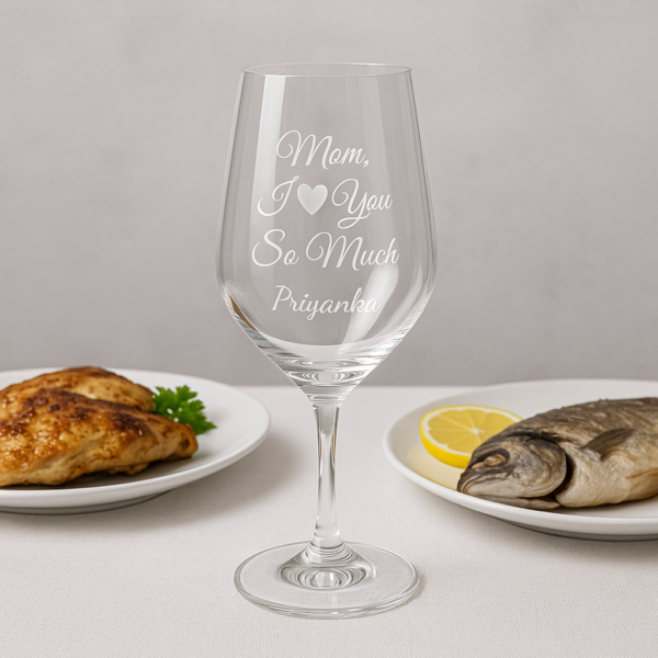 Crystal clear personalized wine glass engraved with “Mom I love you so much” and name, Mother’s Day gift