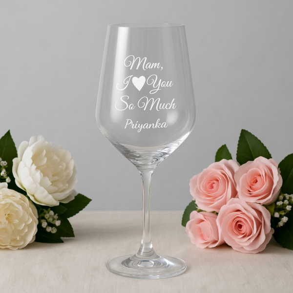 Crystal clear personalized wine glass engraved with “Mom I love you so much” and name, Mother’s Day gift
