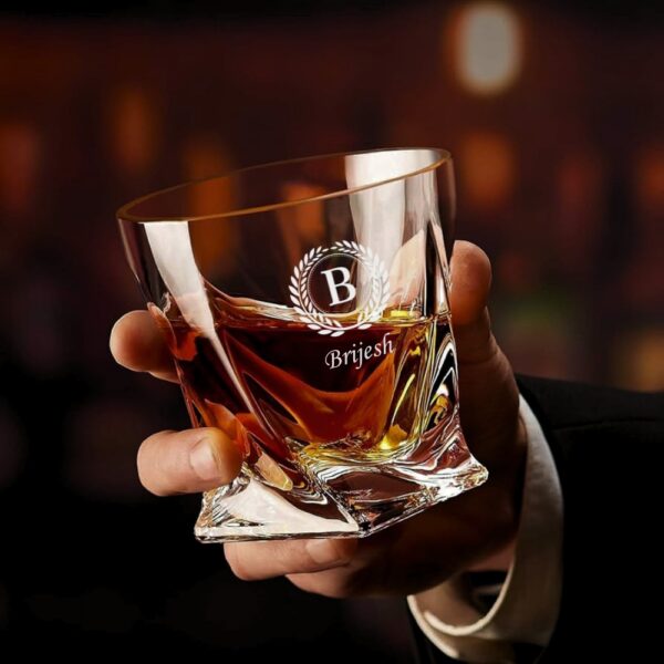 Personalized Whiskey Glass – Engraved Crystal Glass with Initial & Name – 310ml Laurel Wreath Tumbler – Custom Gift for Him, Dad, Husband, Birthday, Father's