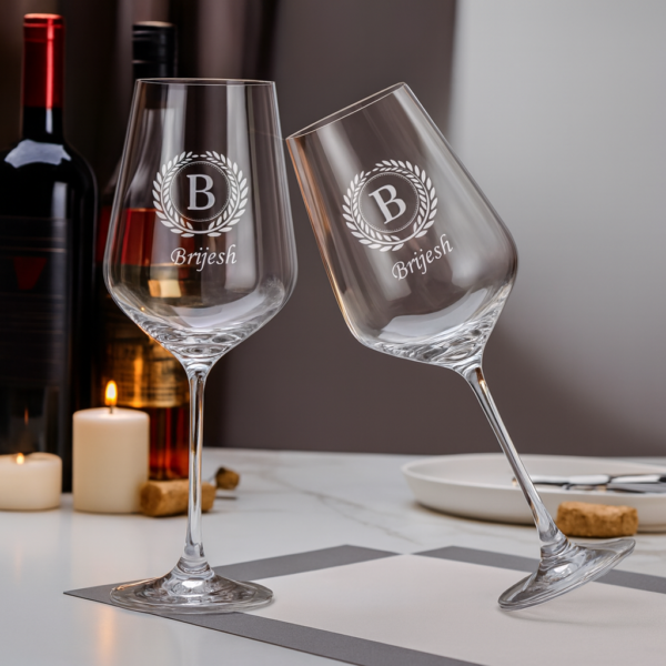 Close-up of an elegant 435 ml crystal wine glass featuring deep-etched custom engraving—a decorative laurel wreath encircling a bold initial and personalized name—designed as a refined and meaningful gift.