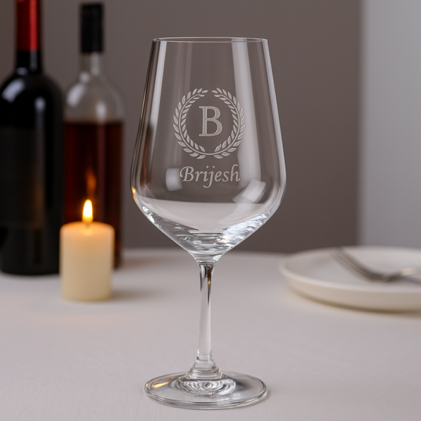 Close-up of an elegant 435 ml crystal wine glass featuring deep-etched custom engraving—a decorative laurel wreath encircling a bold initial and personalized name—designed as a refined and meaningful gift.