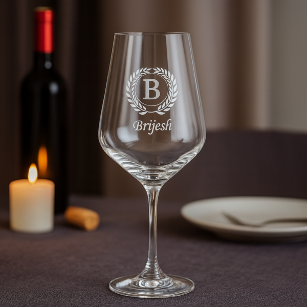 Close-up of an elegant 435 ml crystal wine glass featuring deep-etched custom engraving—a decorative laurel wreath encircling a bold initial and personalized name—designed as a refined and meaningful gift.