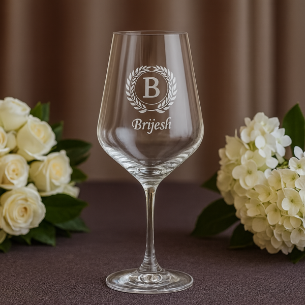 Close-up of an elegant 435 ml crystal wine glass featuring deep-etched custom engraving—a decorative laurel wreath encircling a bold initial and personalized name—designed as a refined and meaningful gift.
