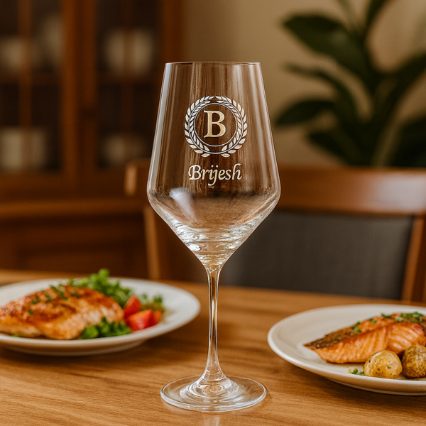 Close-up of an elegant 435 ml crystal wine glass featuring deep-etched custom engraving—a decorative laurel wreath encircling a bold initial and personalized name—designed as a refined and meaningful gift.