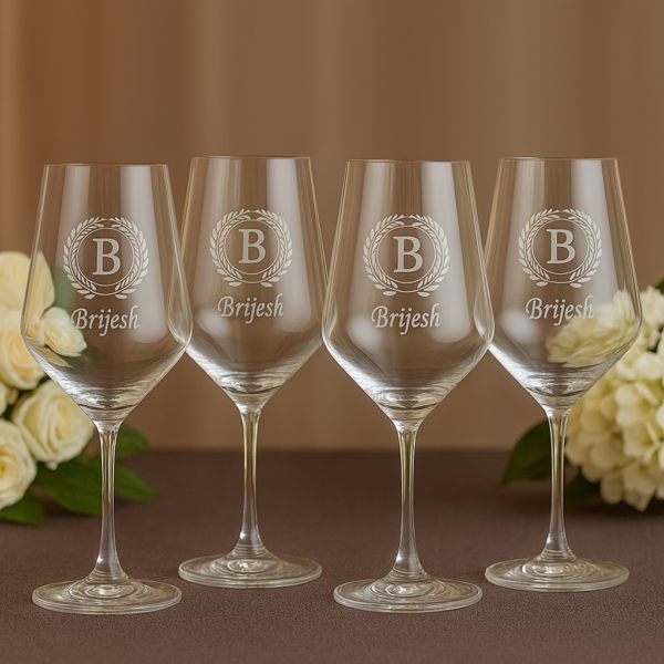 Close-up of an elegant 435 ml crystal wine glass featuring deep-etched custom engraving—a decorative laurel wreath encircling a bold initial and personalized name—designed as a refined and meaningful gift.