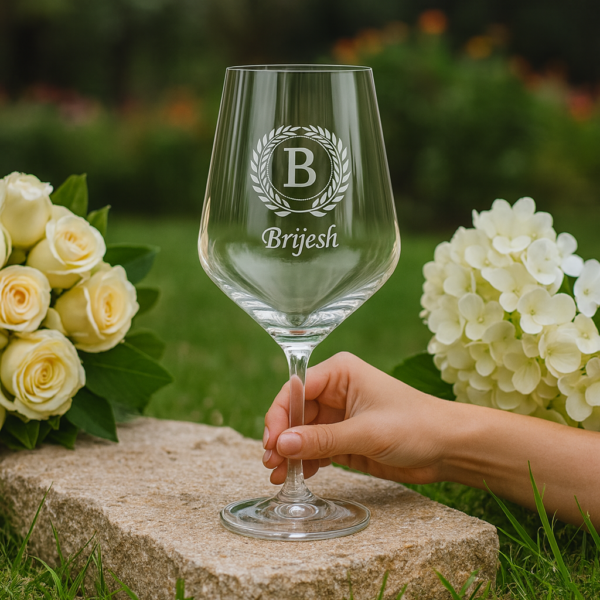 Close-up of an elegant 435 ml crystal wine glass featuring deep-etched custom engraving—a decorative laurel wreath encircling a bold initial and personalized name—designed as a refined and meaningful gift.