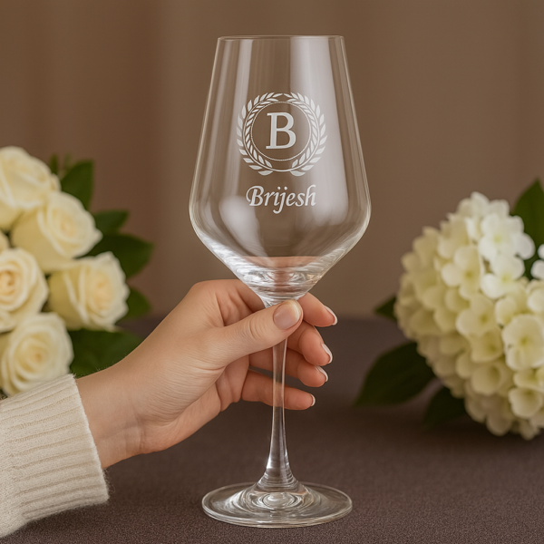 Close-up of an elegant 435 ml crystal wine glass featuring deep-etched custom engraving—a decorative laurel wreath encircling a bold initial and personalized name—designed as a refined and meaningful gift.