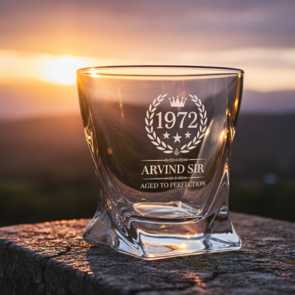 A personalized crystal-clear whiskey glass with deep engraving featuring the year "1972", a laurel wreath, and the name "Arvind Sir" above the phrase "Aged to Perfection". The glass has a twisted base and is placed on a dark stone surface beside an ice cube. Warm ambient lighting in the background highlights the clarity and premium craftsmanship of the glass.
