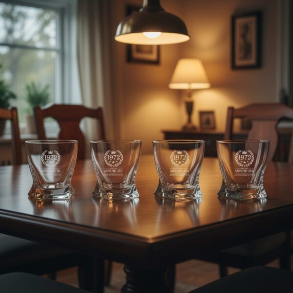 A personalized crystal-clear whiskey glass with deep engraving featuring the year "1972", a laurel wreath, and the name "Arvind Sir" above the phrase "Aged to Perfection". The glass has a twisted base and is placed on a dark stone surface beside an ice cube. Warm ambient lighting in the background highlights the clarity and premium craftsmanship of the glass.