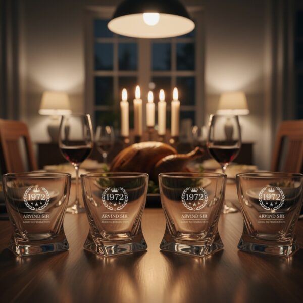 A personalized crystal-clear whiskey glass with deep engraving featuring the year "1972", a laurel wreath, and the name "Arvind Sir" above the phrase "Aged to Perfection". The glass has a twisted base and is placed on a dark stone surface beside an ice cube. Warm ambient lighting in the background highlights the clarity and premium craftsmanship of the glass.