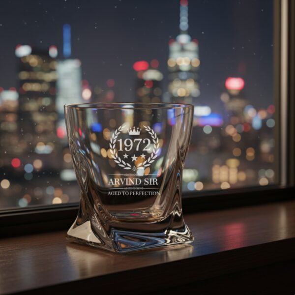 A personalized crystal-clear whiskey glass with deep engraving featuring the year "1972", a laurel wreath, and the name "Arvind Sir" above the phrase "Aged to Perfection". The glass has a twisted base and is placed on a dark stone surface beside an ice cube. Warm ambient lighting in the background highlights the clarity and premium craftsmanship of the glass.