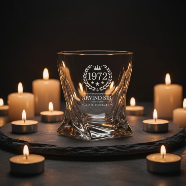 A personalized crystal-clear whiskey glass with deep engraving featuring the year "1972", a laurel wreath, and the name "Arvind Sir" above the phrase "Aged to Perfection". The glass has a twisted base and is placed on a dark stone surface beside an ice cube. Warm ambient lighting in the background highlights the clarity and premium craftsmanship of the glass.