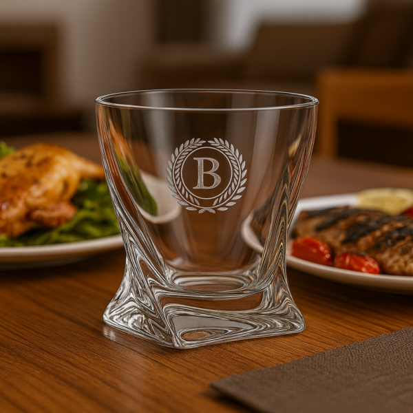 Luxury crystal whiskey glass engraved with monogram initial and name, elegant gift for him or groomsmen