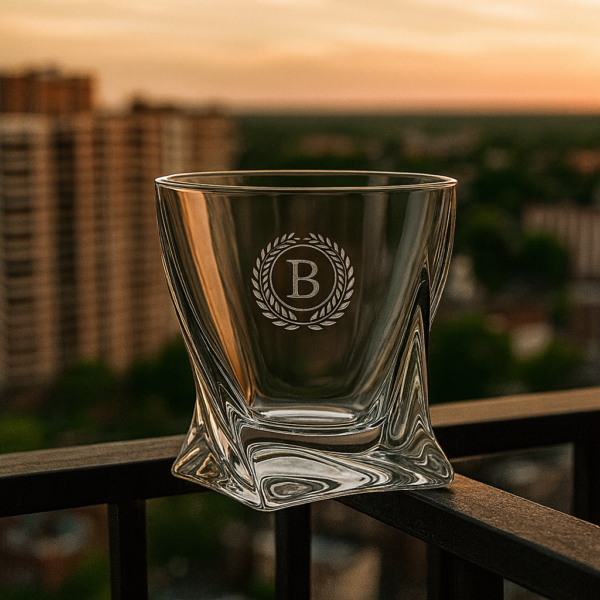 Luxury crystal whiskey glass engraved with monogram initial and name, elegant gift for him or groomsmen