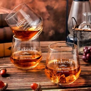 "Personalized engraved whiskey glass with name, groomsman title, and date – custom gift for wedding party or special occasion"