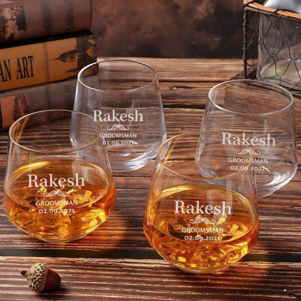 "Personalized engraved whiskey glass with name, groomsman title, and date – custom gift for wedding party or special occasion"