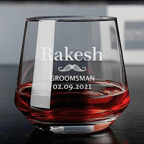 "Personalized engraved whiskey glass with name, groomsman title, and date – custom gift for wedding party or special occasion"