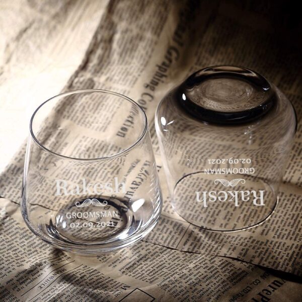 "Personalized engraved whiskey glass with name, groomsman title, and date – custom gift for wedding party or special occasion"