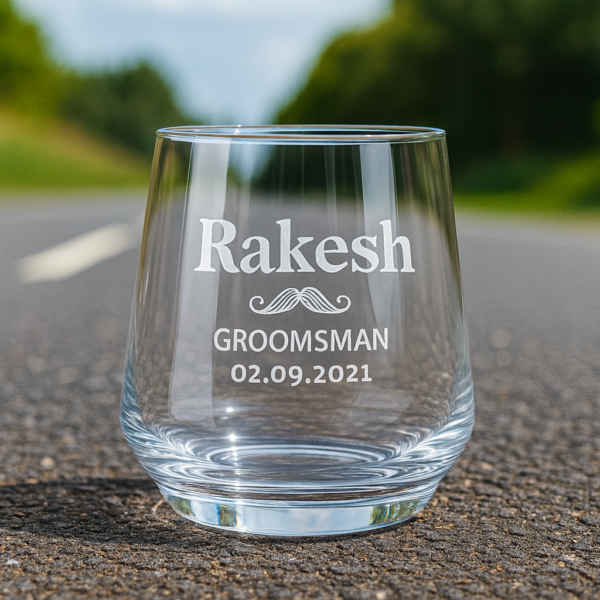 Personalized groomsman whiskey glass engraved with name “Rakesh,” mustache design, and wedding date 02.09.2021 – custom round tumbler gift for groomsmen, best man, and wedding party celebration.