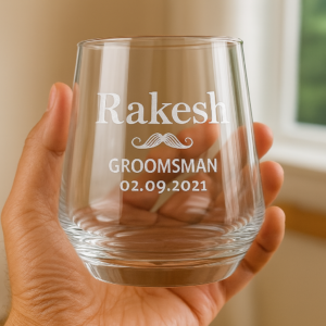 Personalized groomsman whiskey glass engraved with name “Rakesh,” mustache design, and wedding date 02.09.2021 – custom round tumbler gift for groomsmen, best man, and wedding party celebration.