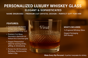 Personalized engraved whiskey glass with geometric diamond-cut design and name engraving