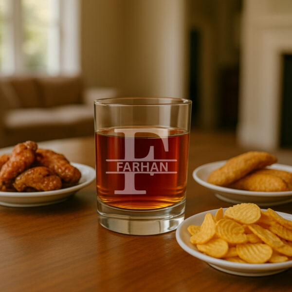 Personalized engraved whiskey glass 380ml with name and initial, custom gift box with red ribbon for special occasions.