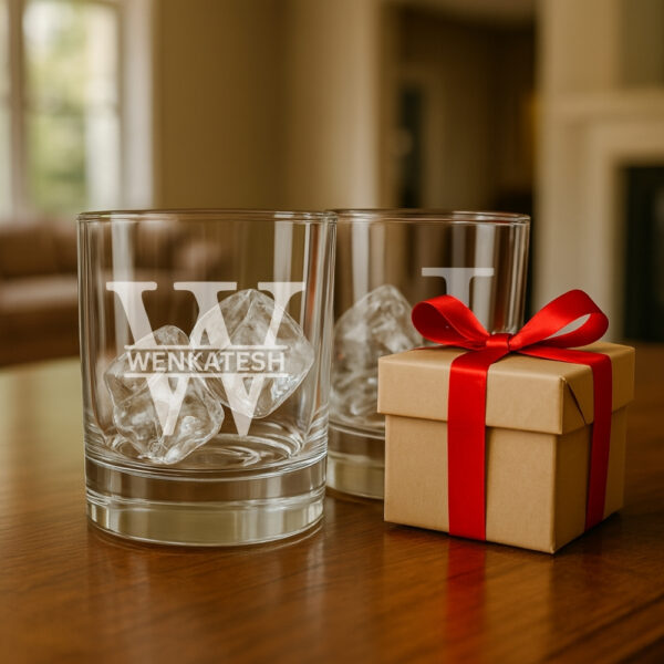 Personalized engraved whiskey glass 380ml with name and initial, custom gift box with red ribbon for special occasions.
