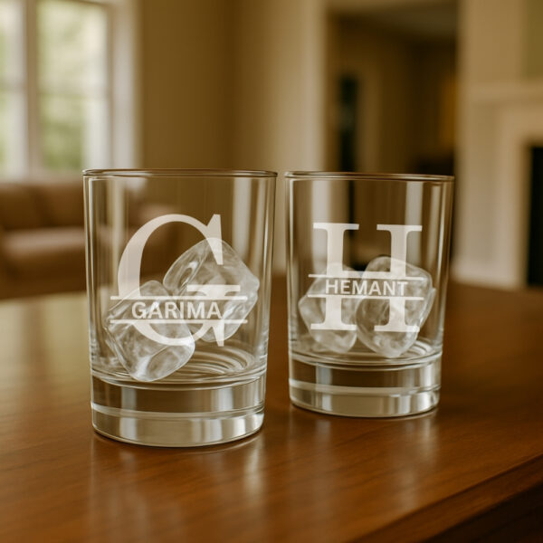 Personalized engraved whiskey glass 380ml with name and initial, custom gift box with red ribbon for special occasions.