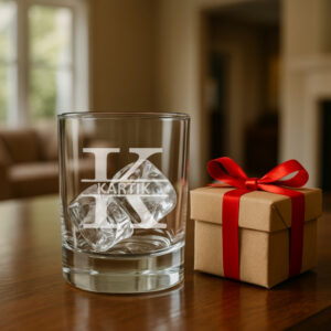 Personalized engraved whiskey glass 380ml with name and initial, custom gift box with red ribbon for special occasions.
