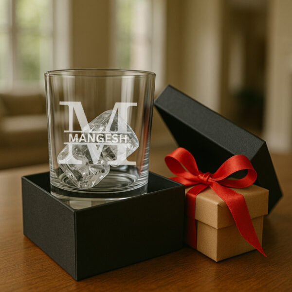 Personalized engraved whiskey glass 380ml with name and initial, custom gift box with red ribbon for special occasions.