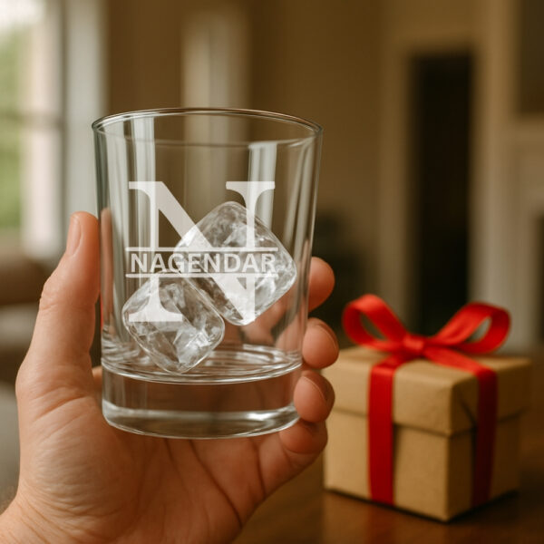Personalized engraved whiskey glass 380ml with name and initial, custom gift box with red ribbon for special occasions.