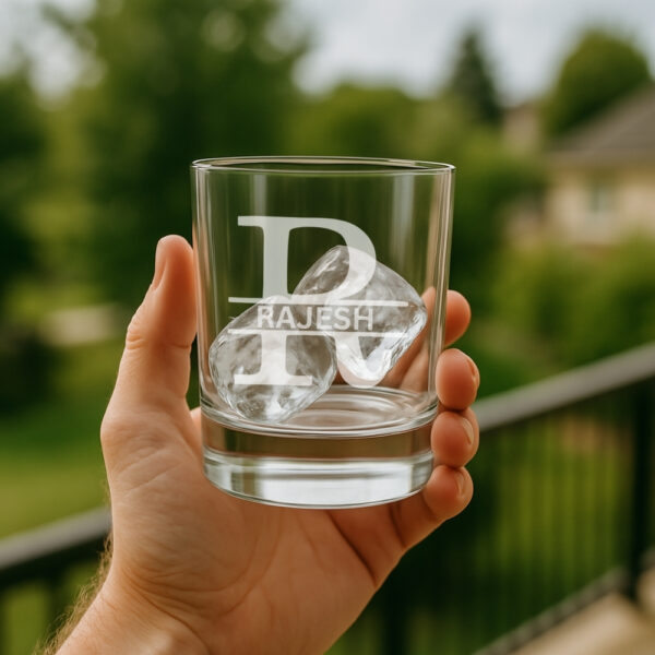 Personalized engraved whiskey glass 380ml with name and initial, custom gift box with red ribbon for special occasions.