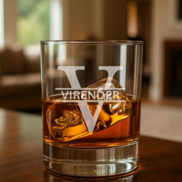 Personalized engraved whiskey glass 380ml with name and initial, custom gift box with red ribbon for special occasions.