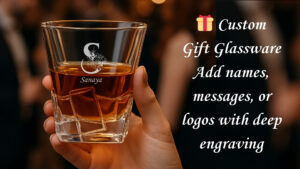 Custom engraved whiskey glass with crown design, personalized name, birthday message, and date – premium gift barware with deep engraving