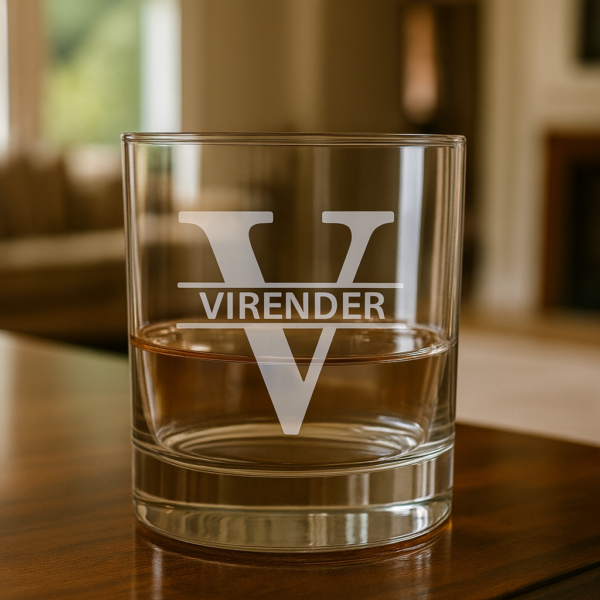 Personalized engraved whiskey glass 380ml with name and initial, custom gift box with red ribbon for special occasions.