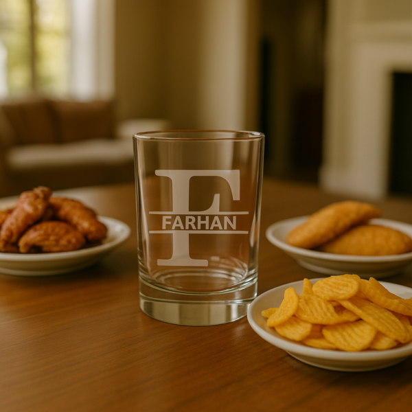 Personalized engraved whiskey glass 380ml with name and initial, custom gift box with red ribbon for special occasions.