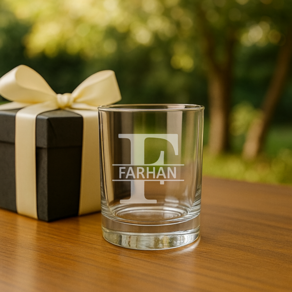 Personalized engraved whiskey glass 380ml with name and initial, custom gift box with red ribbon for special occasions.