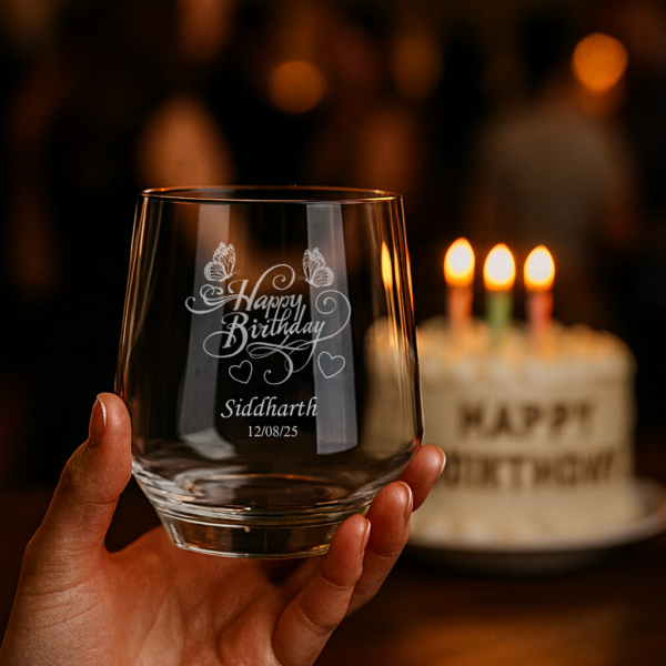 Custom name and date engraved whiskey glass, personalized birthday tumbler gift