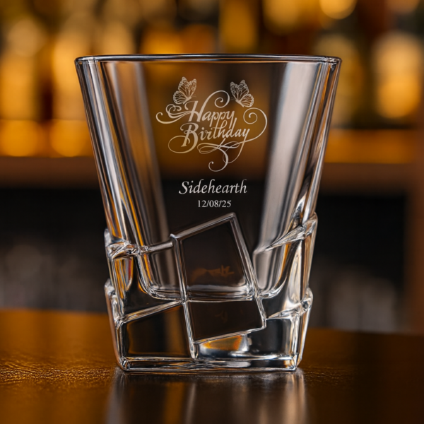 Custom engraved birthday whiskey glass with Happy Birthday design, personalized with name Siddharth and date, 310ml crystal tumbler – unique gift for him on all occasions